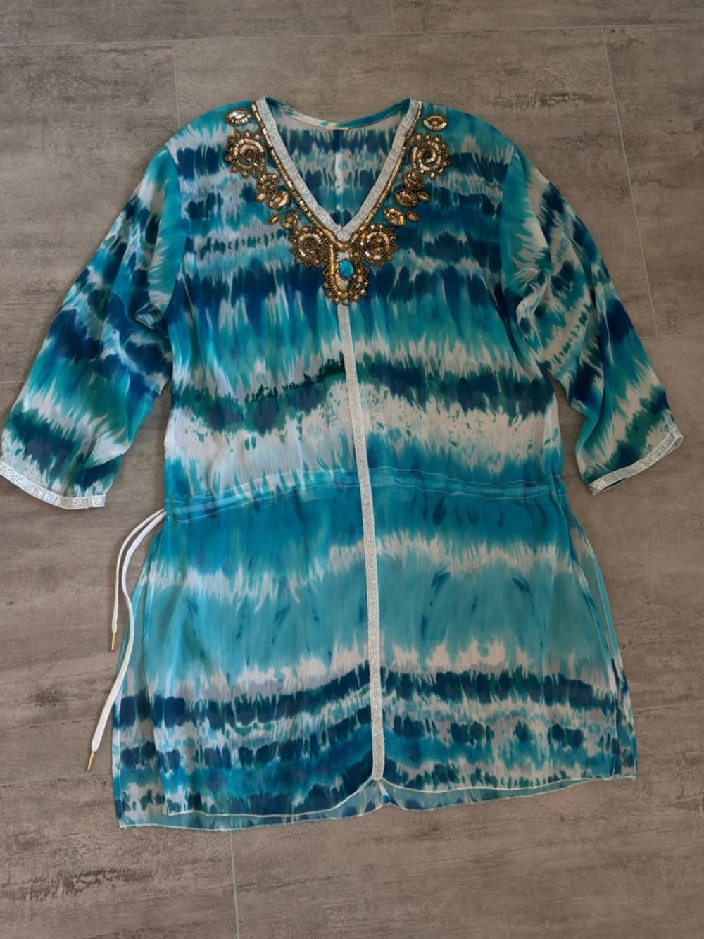 Embellished Blue Beaded Swim Coverup L - Picture 4 of 12